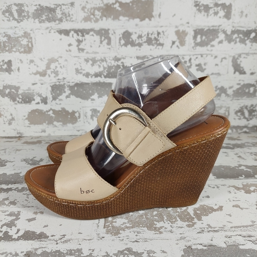 boc Women's Cream & Brown Platfom Ankle Strap Leather Wedge Shoes V296